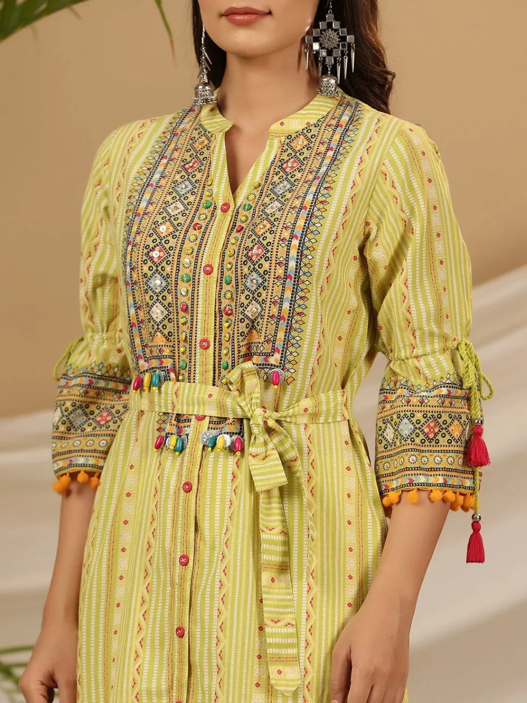 Jashvi  Lime Green Geometric Printed Pure Cotton Kurta With Beads Work