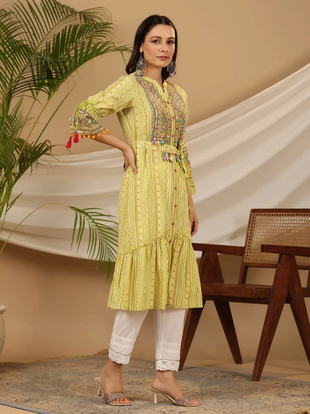 Jashvi  Lime Green Geometric Printed Pure Cotton Kurta With Beads Work