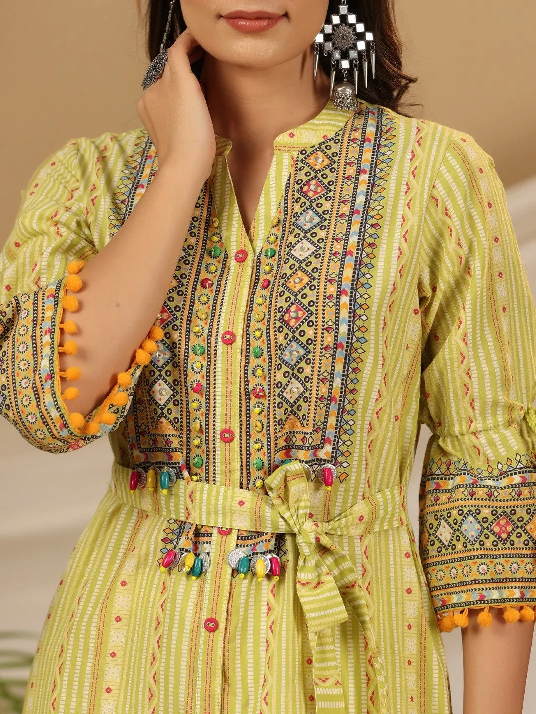 Jashvi  Lime Green Geometric Printed Pure Cotton Kurta With Beads Work