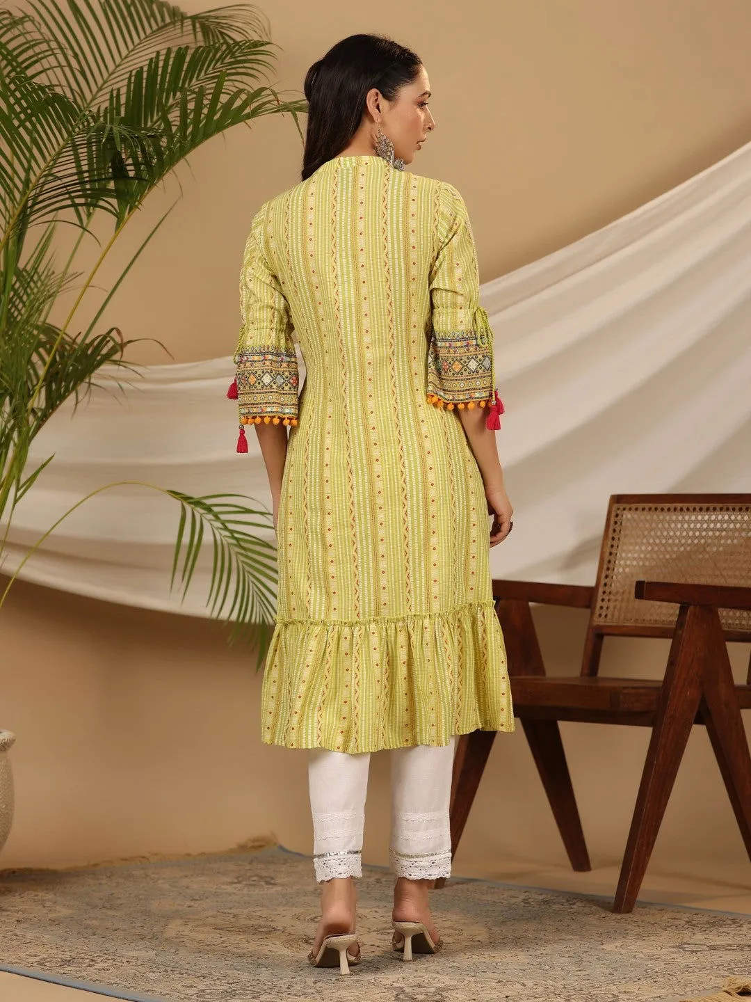 Jashvi  Lime Green Geometric Printed Pure Cotton Kurta With Beads Work