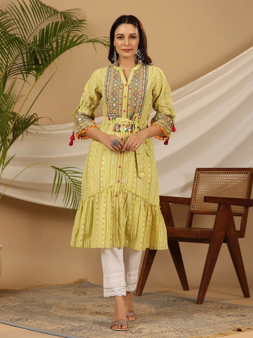 Jashvi  Lime Green Geometric Printed Pure Cotton Kurta With Beads Work