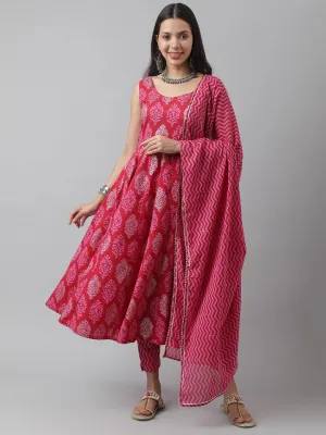 Jashvi Magenta Floral Cotton Anarkali Kurta Pant Set with Dupatta