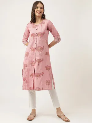 Jashvi Magenta Floral Printed Cotton A-Line Kurta