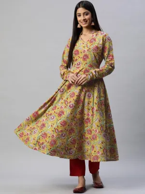 Jashvi Mahendi Cotton Hand Block Printed Anarkali Kurta