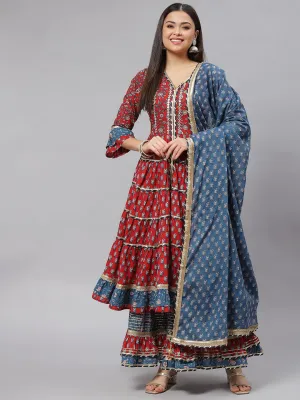 Jashvi Maroon & Blue Anarkali Kurta Sharara Set with Dupatta