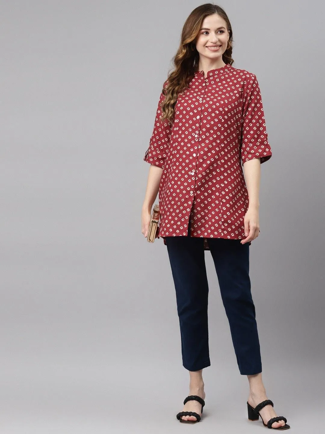 Jashvi Maroon Bandhani Print Shirt Style A-line Top