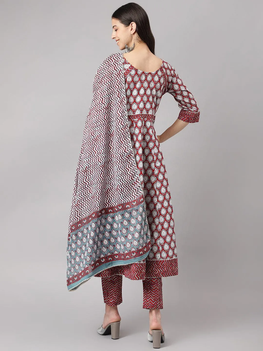 Jashvi Maroon Cotton Anakali Kurta pant set with Dupatta