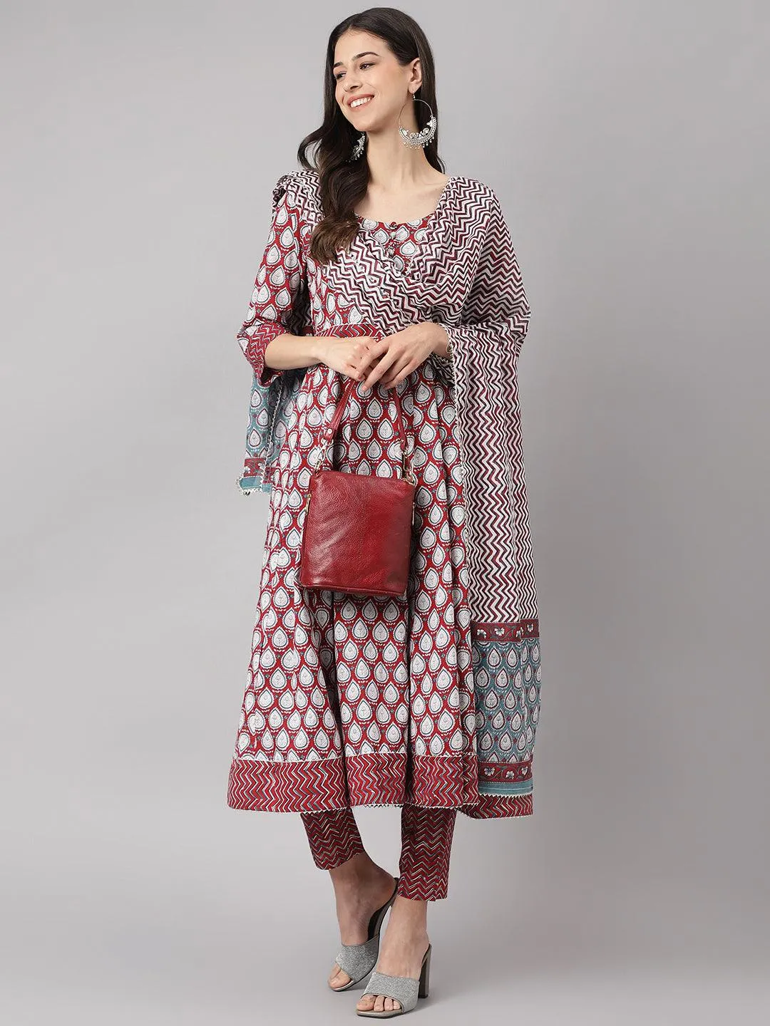 Jashvi Maroon Cotton Anakali Kurta pant set with Dupatta