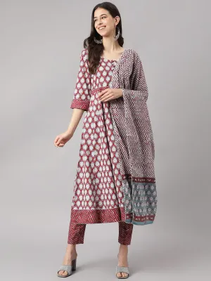 Jashvi Maroon Cotton Anakali Kurta pant set with Dupatta