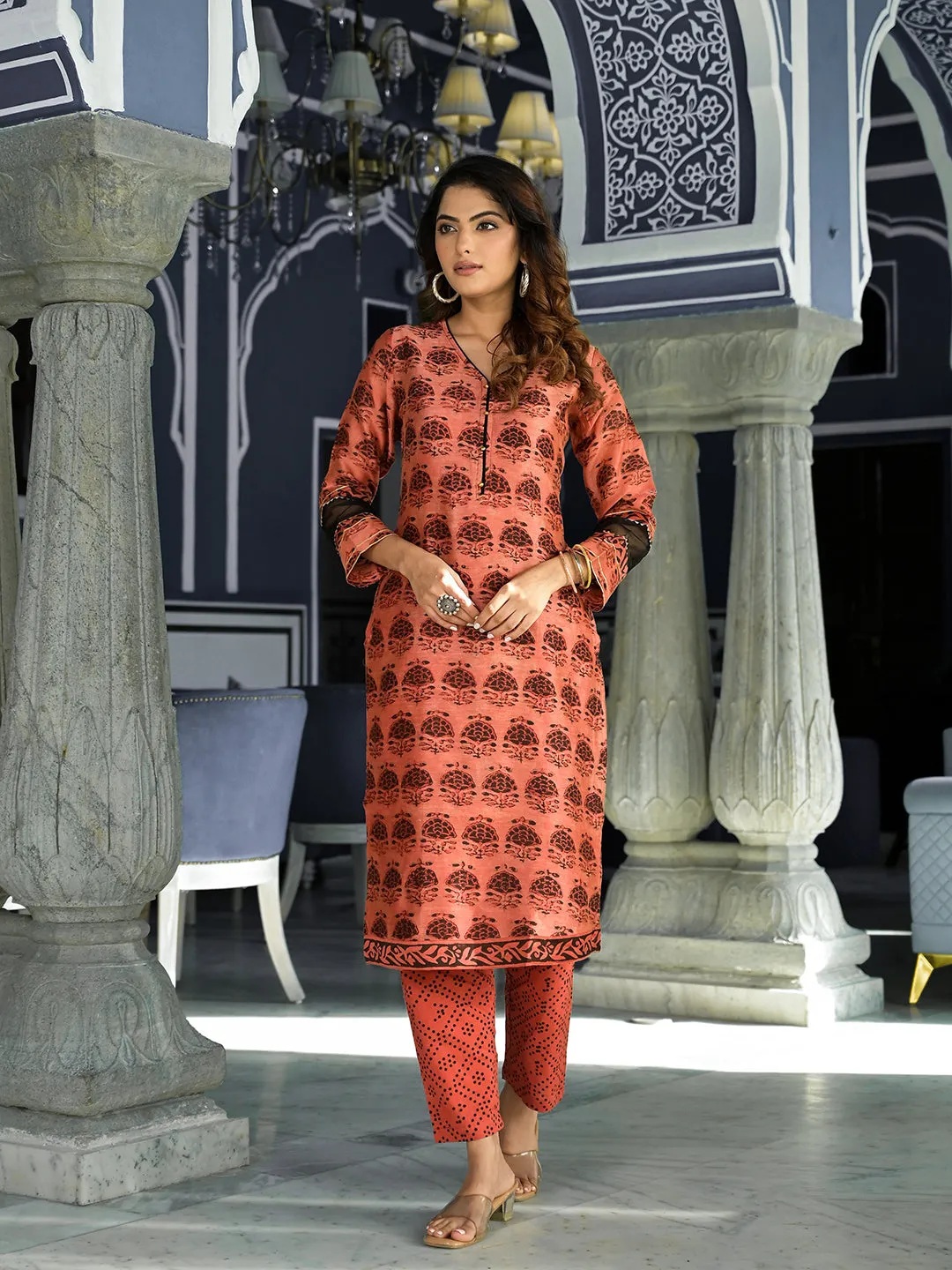 Jashvi Maroon Ethnic Printed Chanderi Silk Kurta Set with Maheshwari Silk Dupatta