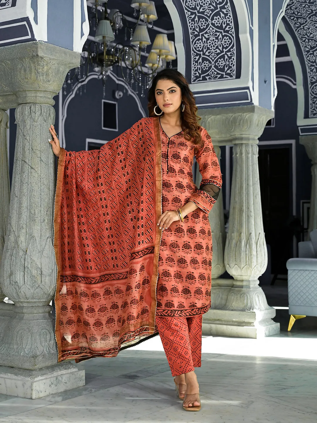 Jashvi Maroon Ethnic Printed Chanderi Silk Kurta Set with Maheshwari Silk Dupatta