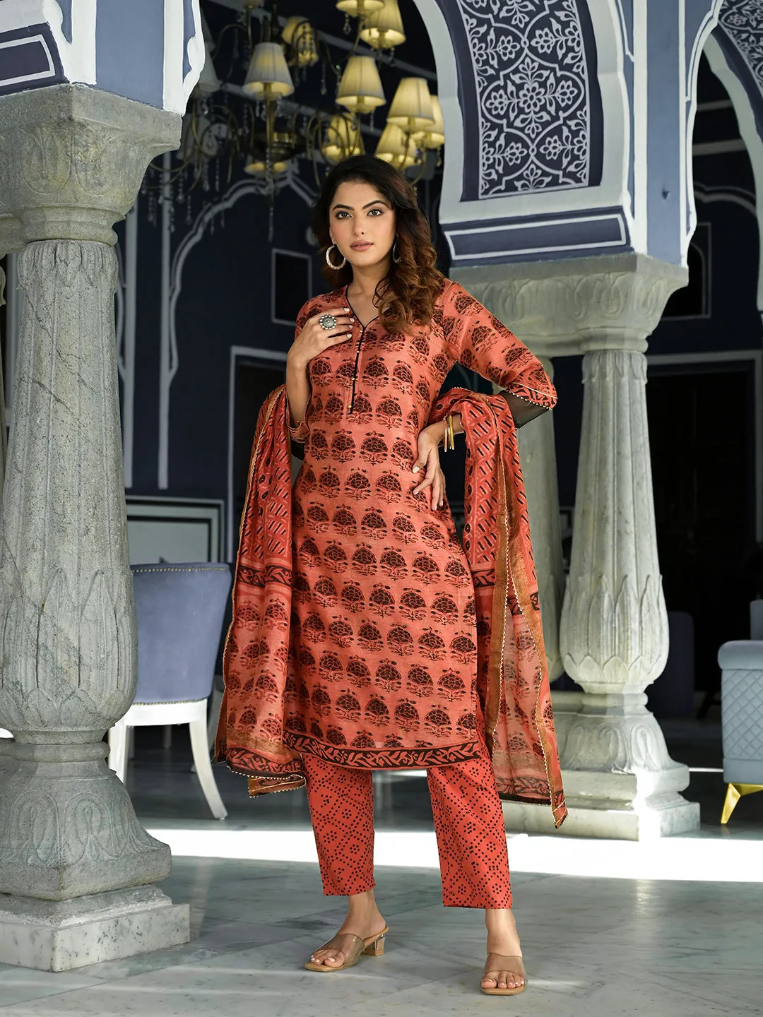 Jashvi Maroon Ethnic Printed Chanderi Silk Kurta Set with Maheshwari Silk Dupatta