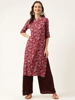 Jashvi Maroon Floral Digital Printed Straight Fold Sleeve Kurta