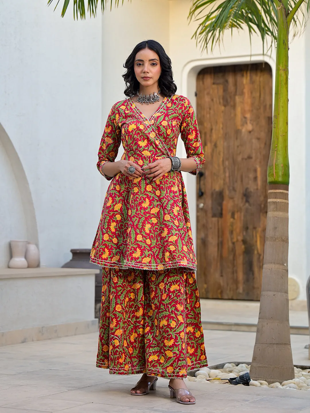 Jashvi Maroon Floral Print Cotton Angarkha Kurta Gharara Set for women