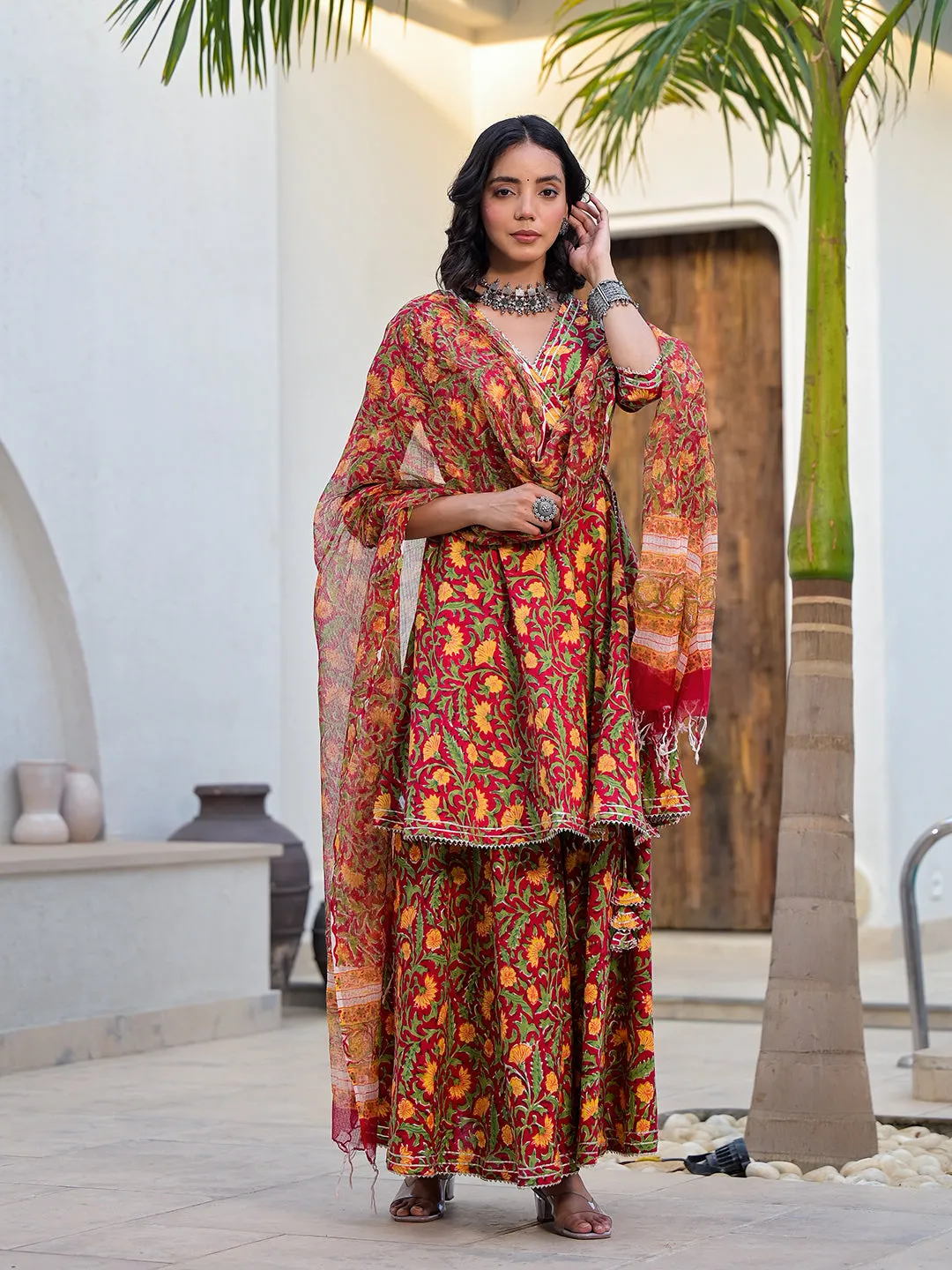 Jashvi Maroon Floral Print Cotton Angarkha Kurta Gharara Set for women