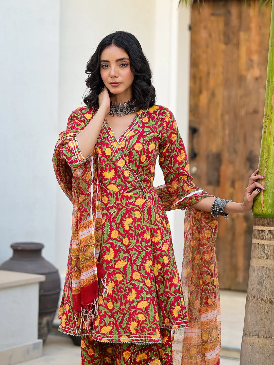 Jashvi Maroon Floral Print Cotton Angarkha Kurta Gharara Set for women