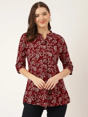 Jashvi Maroon Floral Print Rayon Regular Top