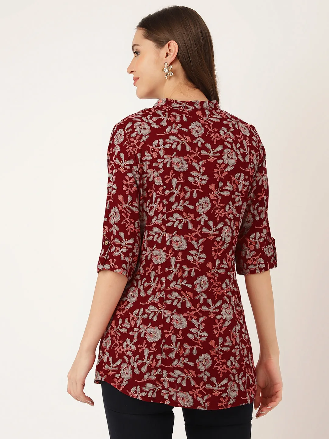 Jashvi Maroon Floral Print Rayon Regular Top