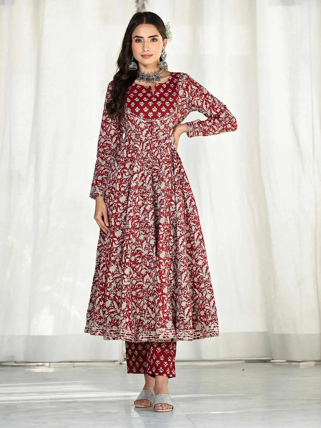 Jashvi Maroon Floral Printed Anarkali Cotton Kurta Trouser with Dupatta Set