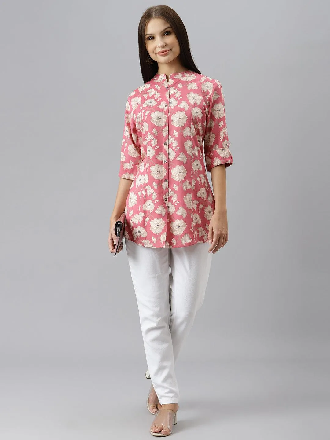 Jashvi Maroon Floral Rayon A-line Shirts Style Top