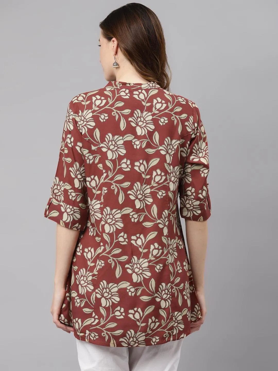 Jashvi Maroon Floral Rayon Shirt style A-line Top