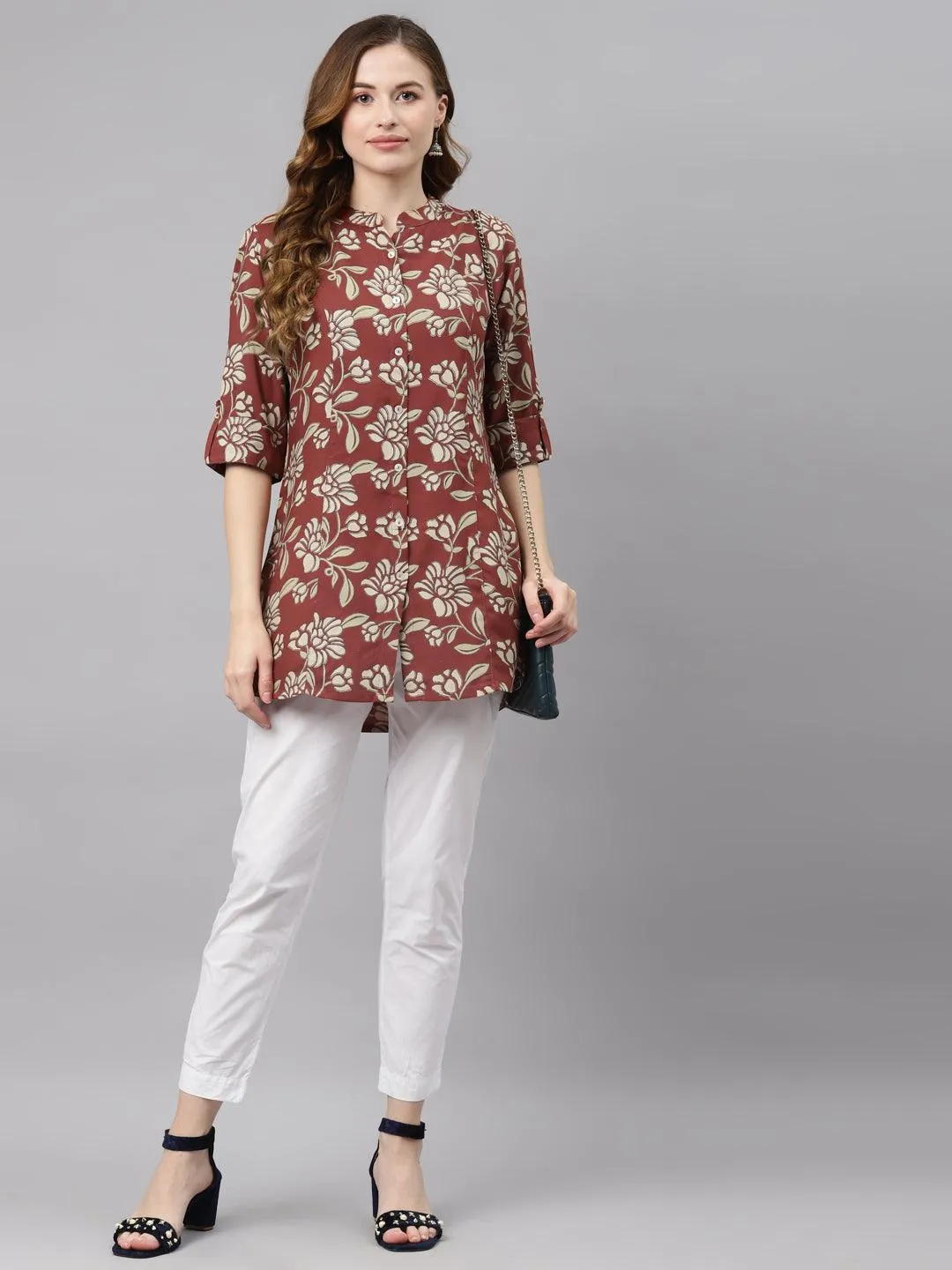 Jashvi Maroon Floral Rayon Shirt style A-line Top