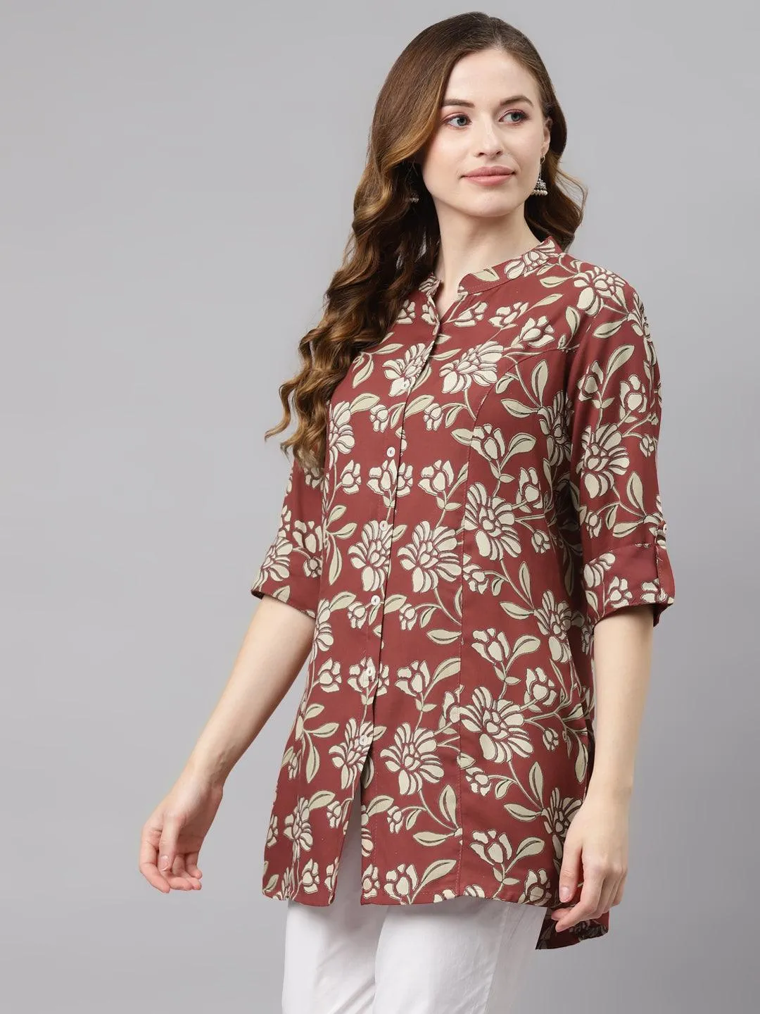 Jashvi Maroon Floral Rayon Shirt style A-line Top