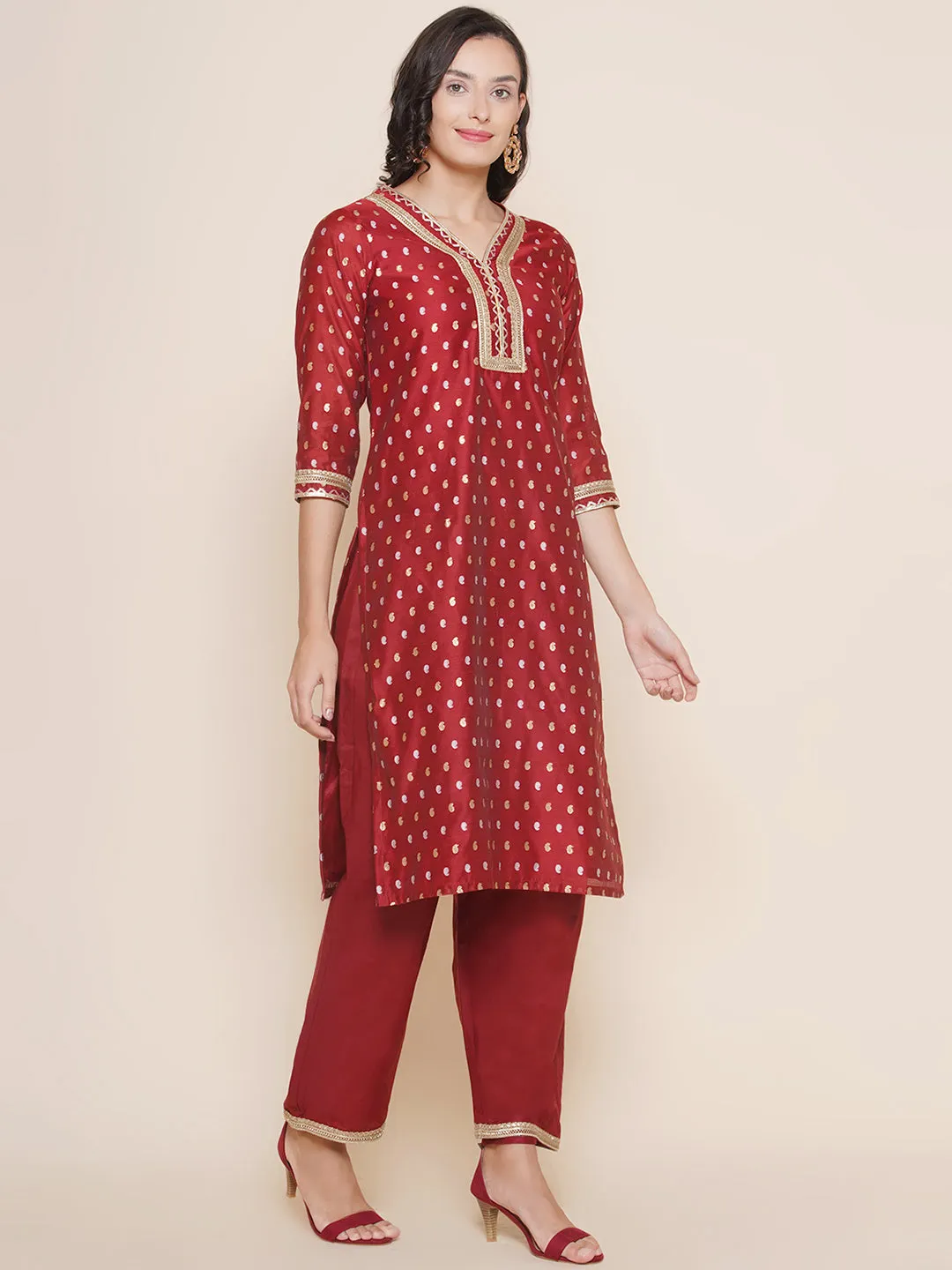 Jashvi Maroon Jacquard Booti Straight Kurta & Maroon Solid Palazzos With Dupatta