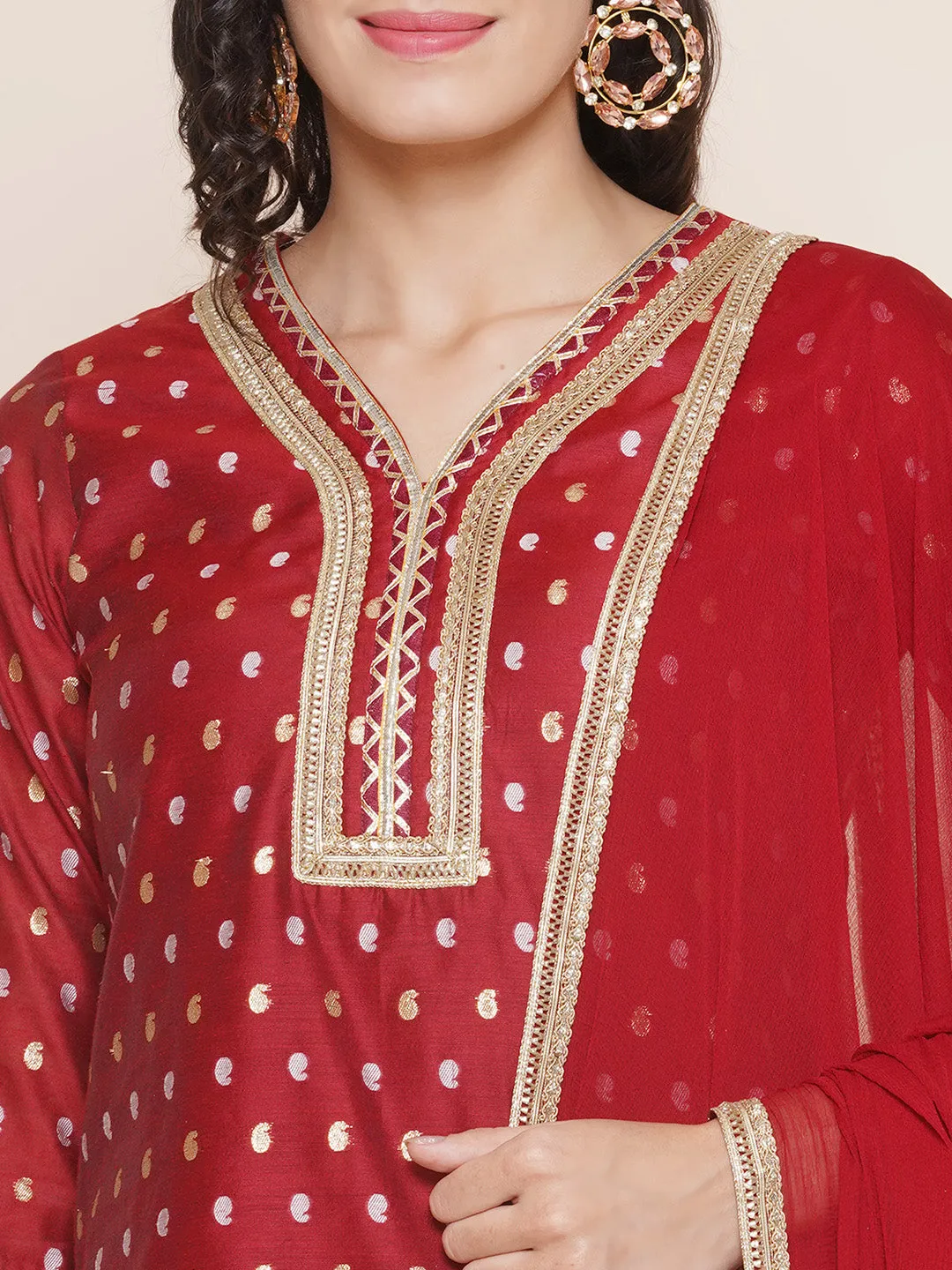 Jashvi Maroon Jacquard Booti Straight Kurta & Maroon Solid Palazzos With Dupatta