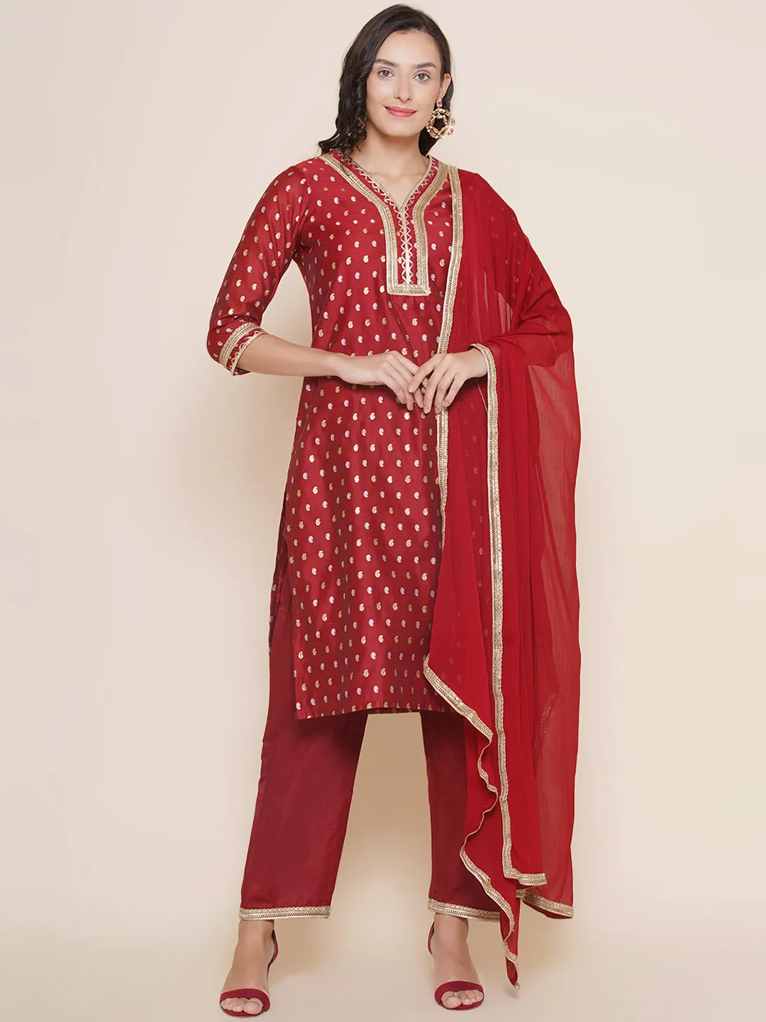 Jashvi Maroon Jacquard Booti Straight Kurta & Maroon Solid Palazzos With Dupatta