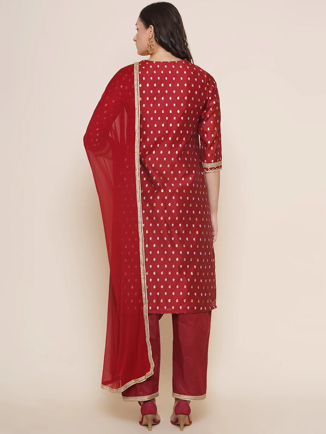 Jashvi Maroon Jacquard Booti Straight Kurta & Maroon Solid Palazzos With Dupatta