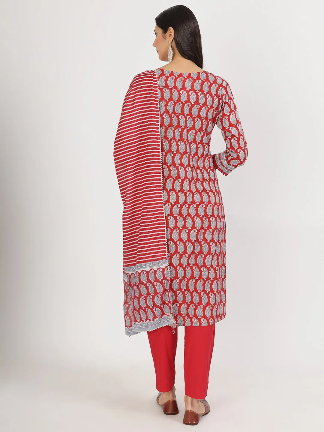 Jashvi Maroon Paisley Print Cotton Kurta pants with Dupatta set