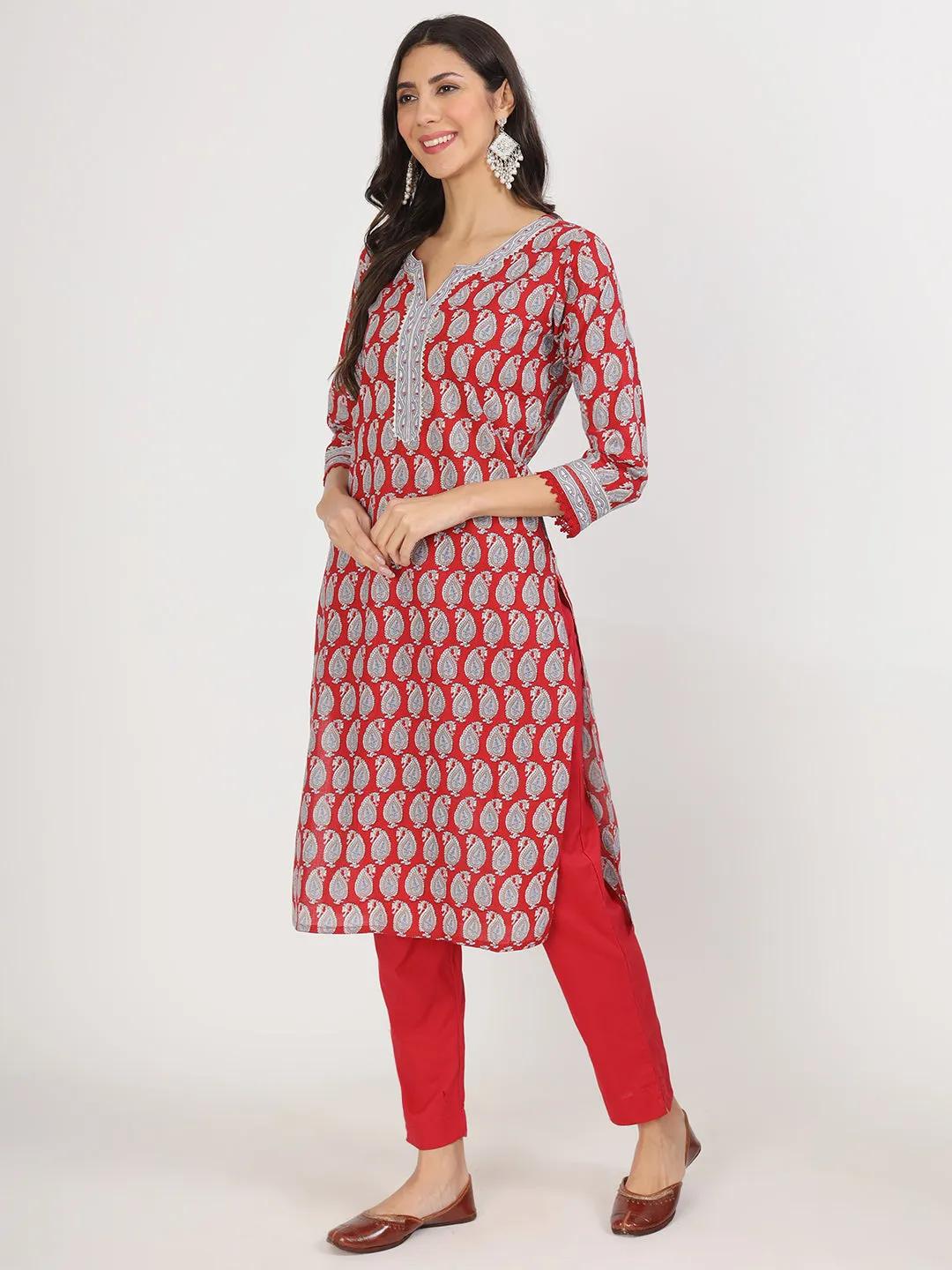 Jashvi Maroon Paisley Print Cotton Kurta pants with Dupatta set