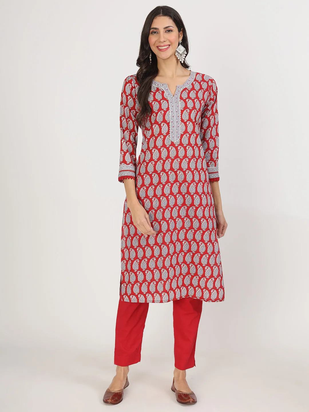 Jashvi Maroon Paisley Print Cotton Kurta pants with Dupatta set