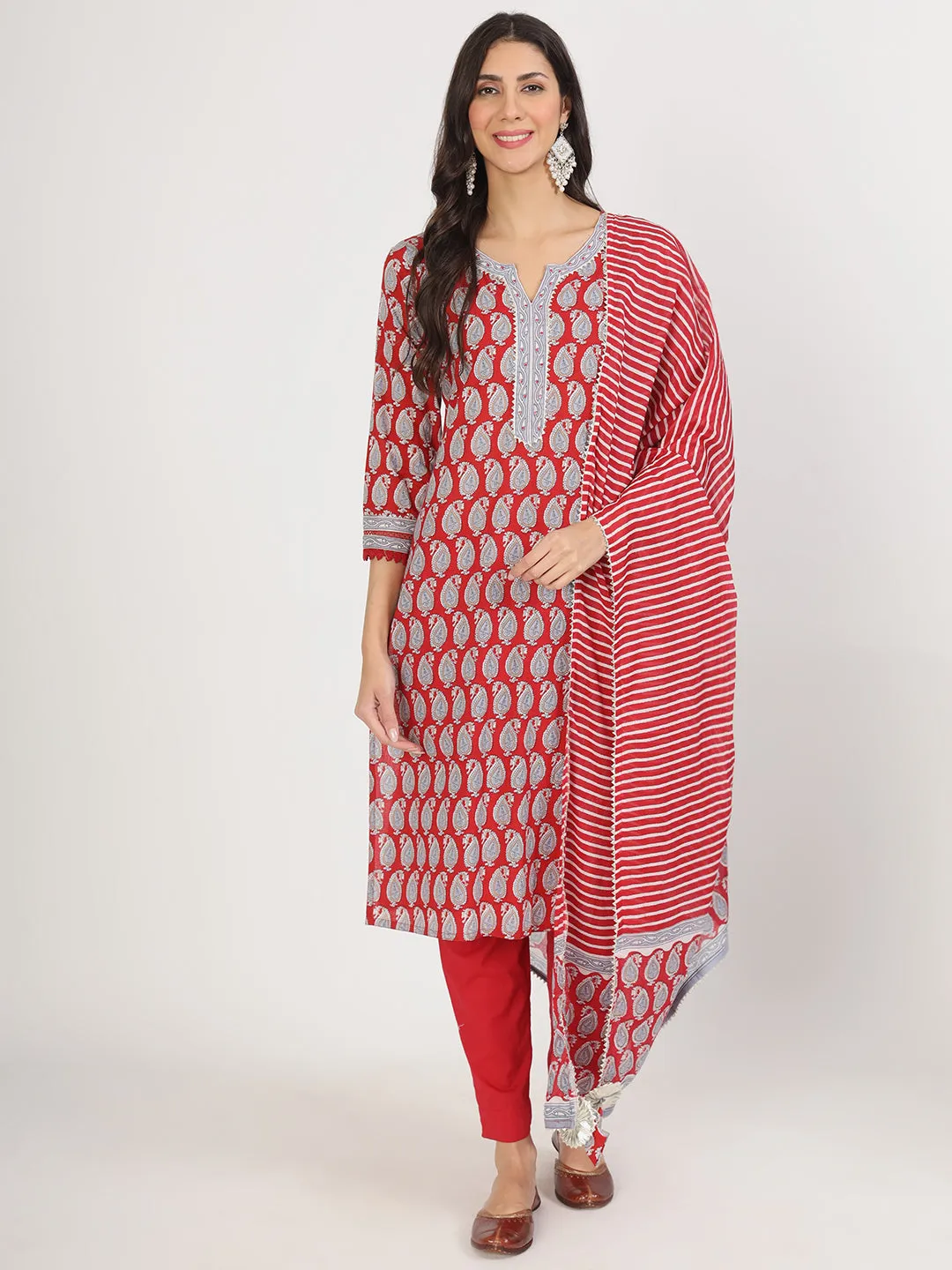 Jashvi Maroon Paisley Print Cotton Kurta pants with Dupatta set