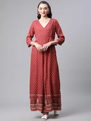 Jashvi Maroon Polka Dots Printed Jumpsuit