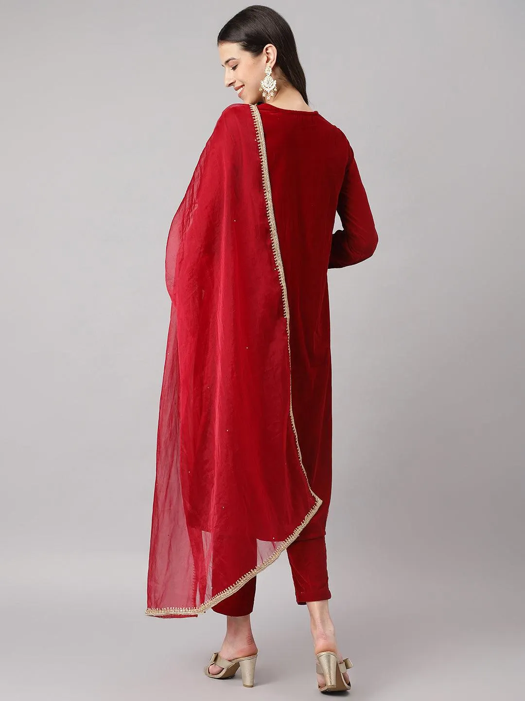 Jashvi Maroon Solid Valvet hand work Kurta pant With Organza Dupatta set