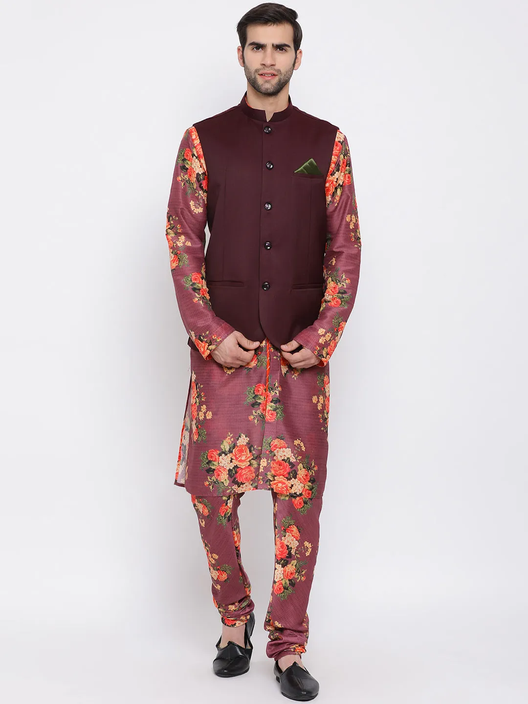 Jashvi Maroon Twill Jacket, Printed Kurta and Pyjama Set