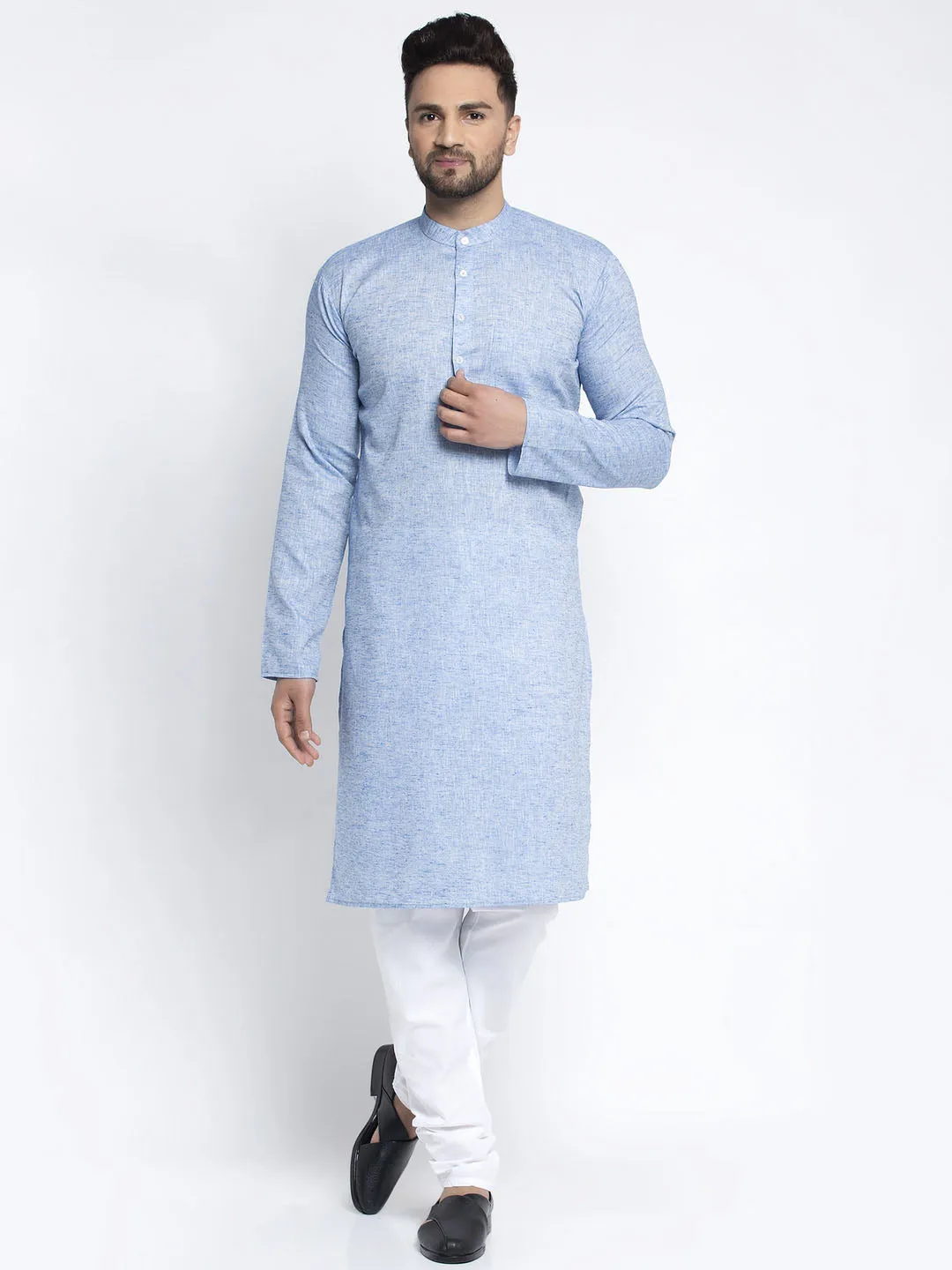 Jashvi Men Blue & White Self Design Kurta with Pyjamas