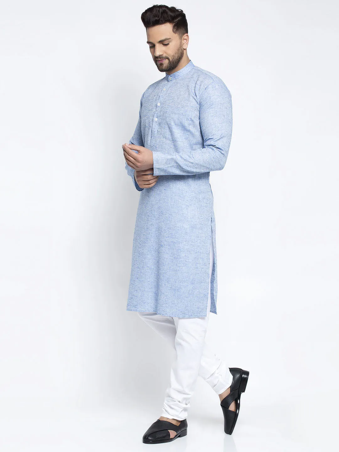 Jashvi Men Blue & White Self Design Kurta with Pyjamas