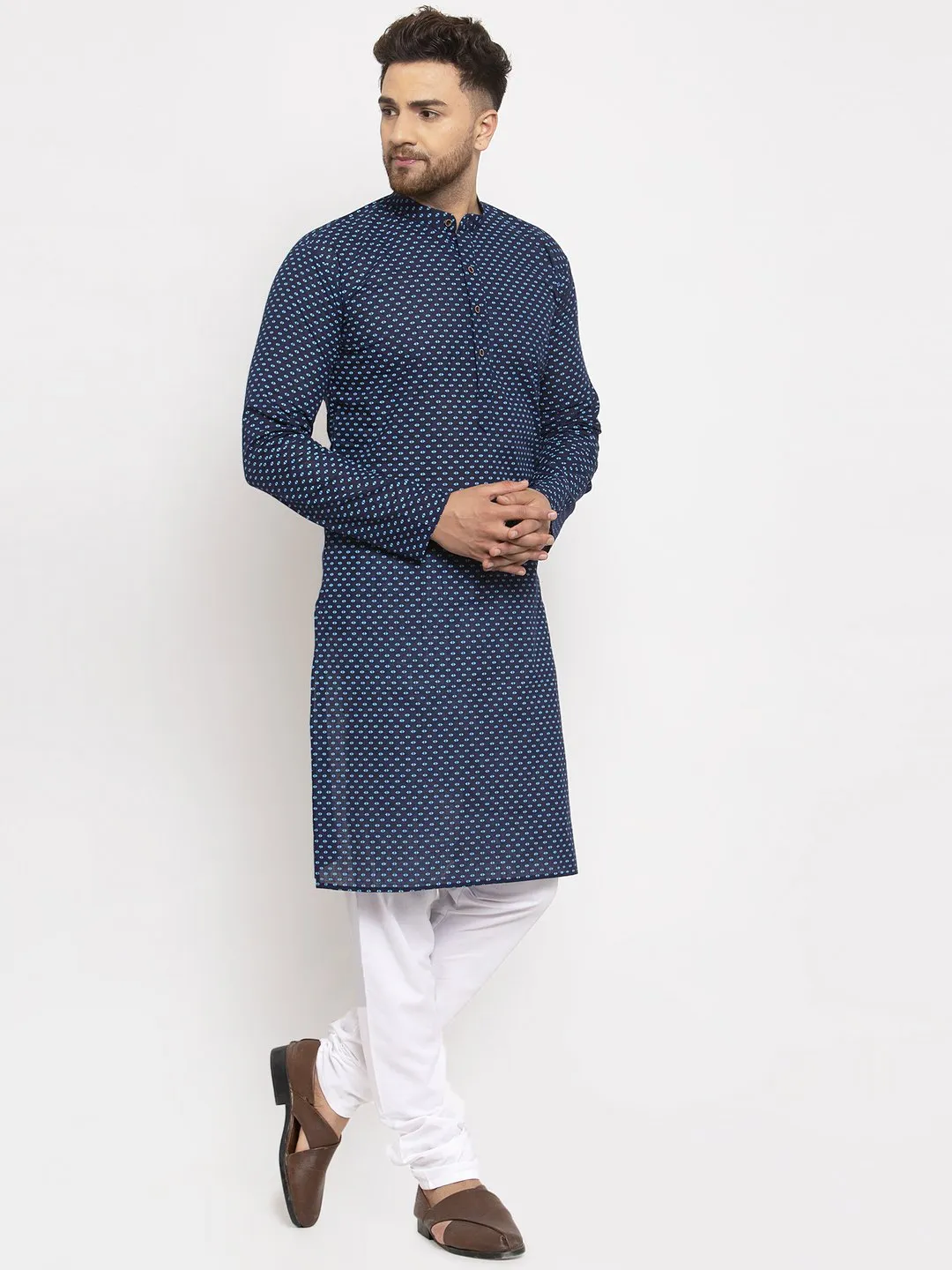 Jashvi Men Blue Cotton Printed Kurta Only