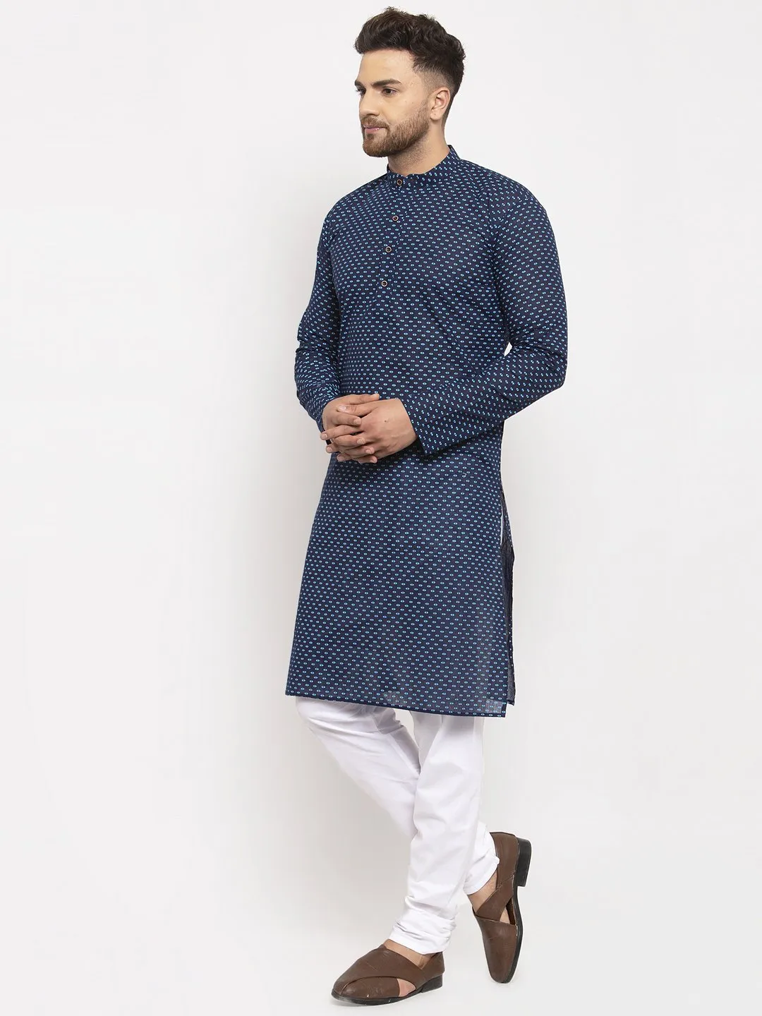 Jashvi Men Blue Cotton Printed Kurta Only