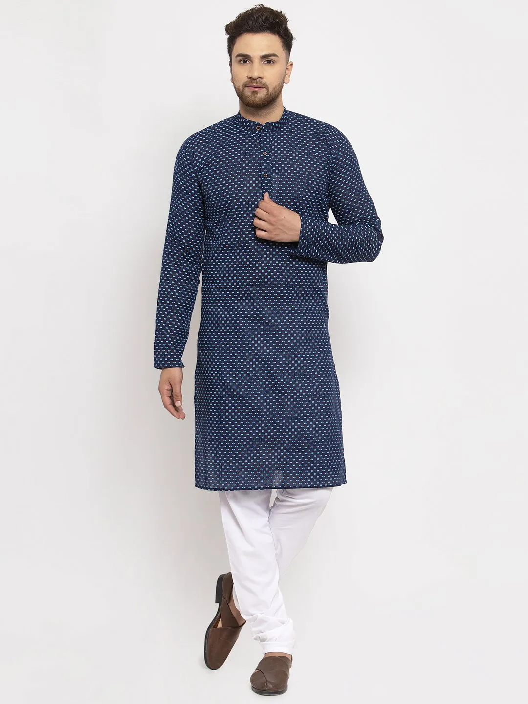 Jashvi Men Blue Cotton Printed Kurta Only