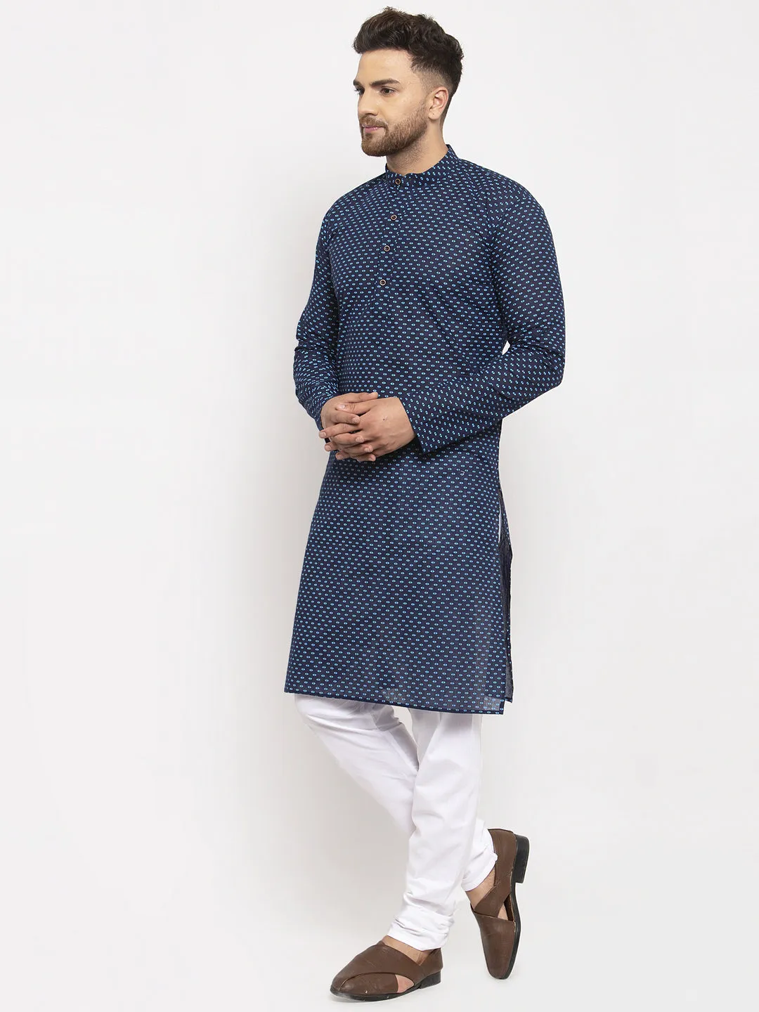 Jashvi Men Blue Cotton Printed Kurta with Pyjamas