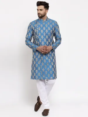 Jashvi Men Blue Jacquard Kurta with Churidar