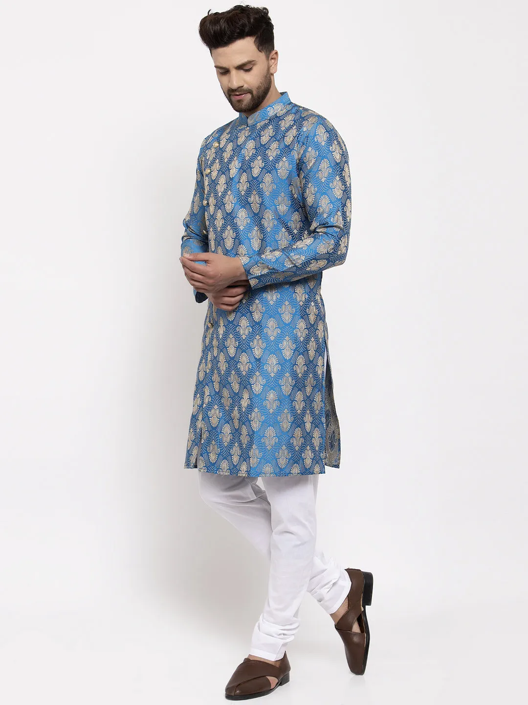 Jashvi Men Blue Jacquard Kurta with Churidar