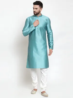 Jashvi Men Light-Blue & White Self Design Kurta with Churidar