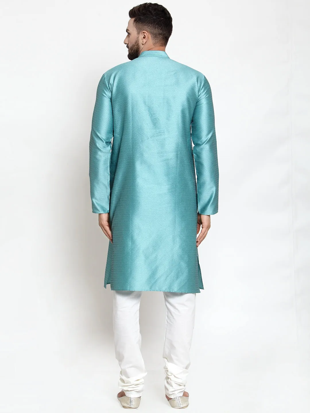 Jashvi Men Light-Blue & White Self Design Kurta with Churidar