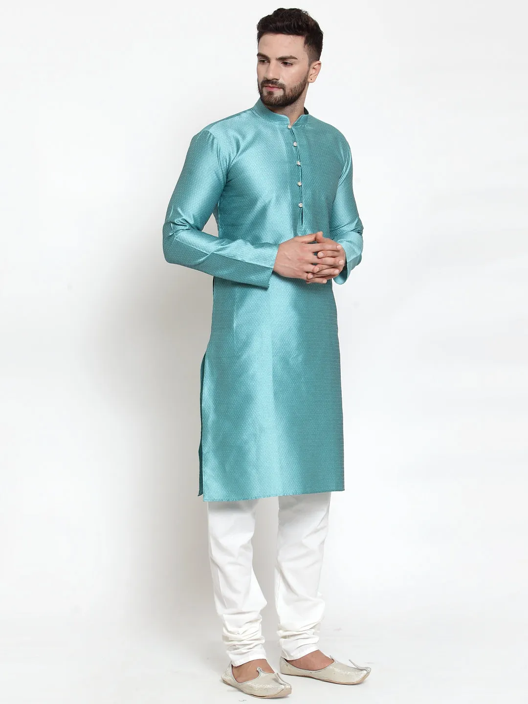 Jashvi Men Light-Blue & White Self Design Kurta with Churidar