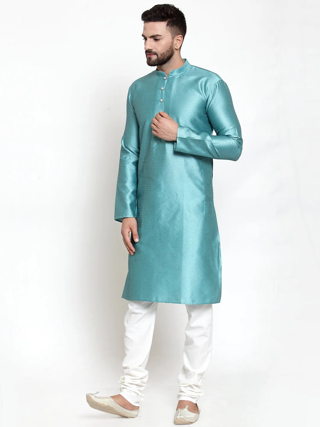 Jashvi Men Light-Blue & White Self Design Kurta with Churidar